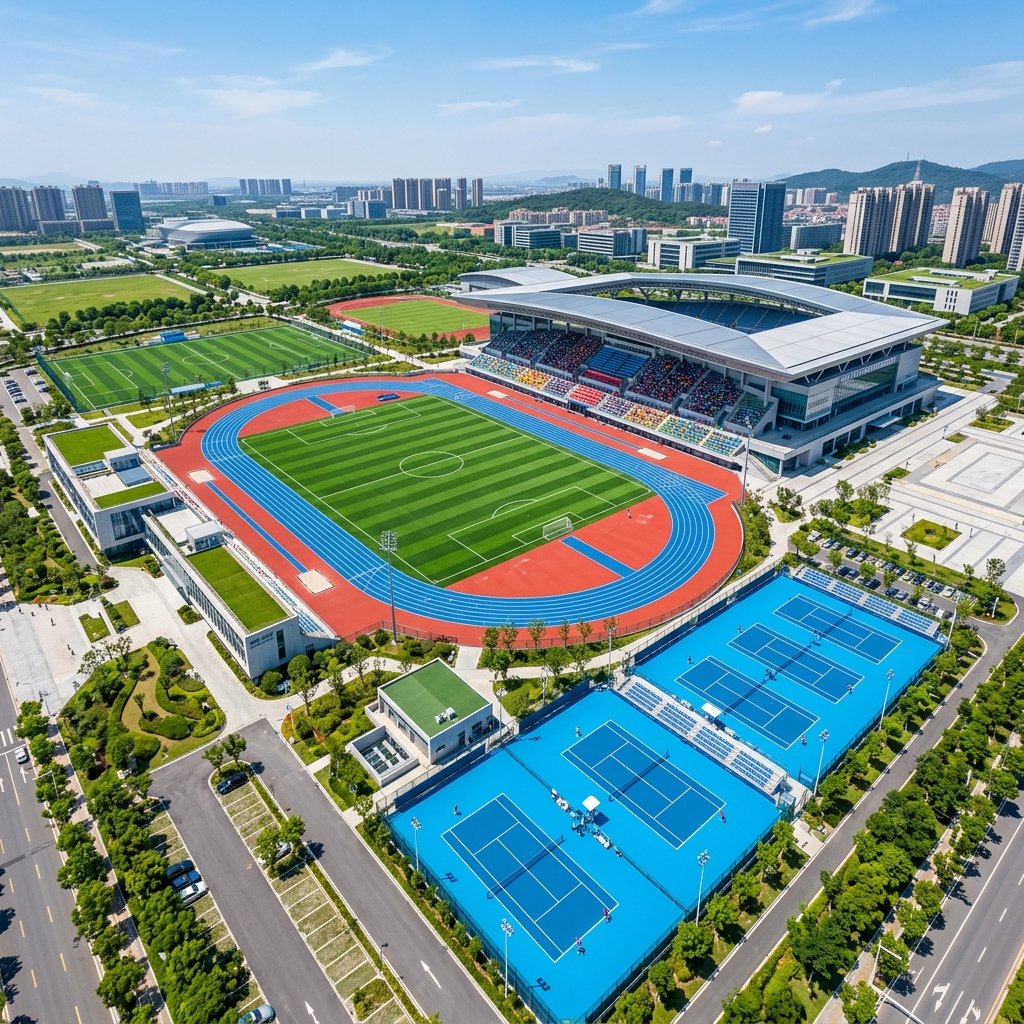 Aerial view of world-class sports complex stadium by Elite Sports